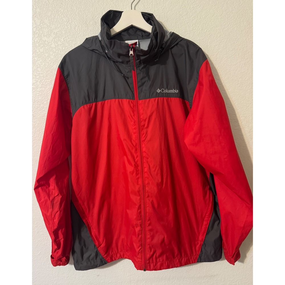 Columbia Mens L Jacket Windbreaker Lightweight Rain Hooded Red Gray Full Zip